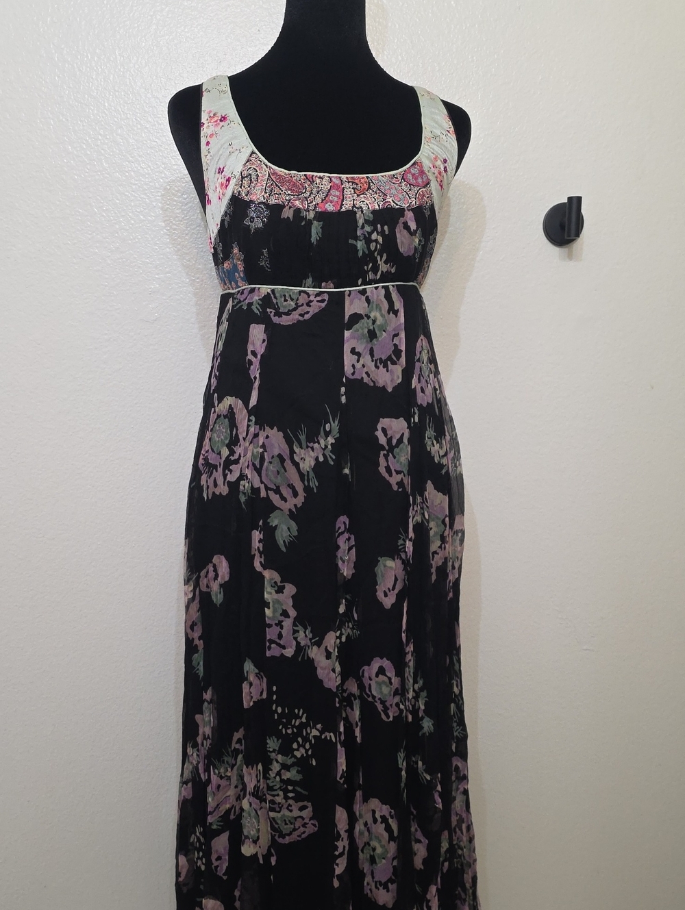 Rebecca Taylor Black Maxi Dress with Pink and Mint Floral Print